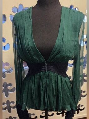 Deep Green Sheer Pleated Peplum Top with Navy Knit Waist